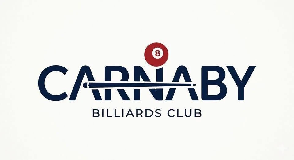 Logo Carnaby Billiards Club với cơ bi-da và bi số 8