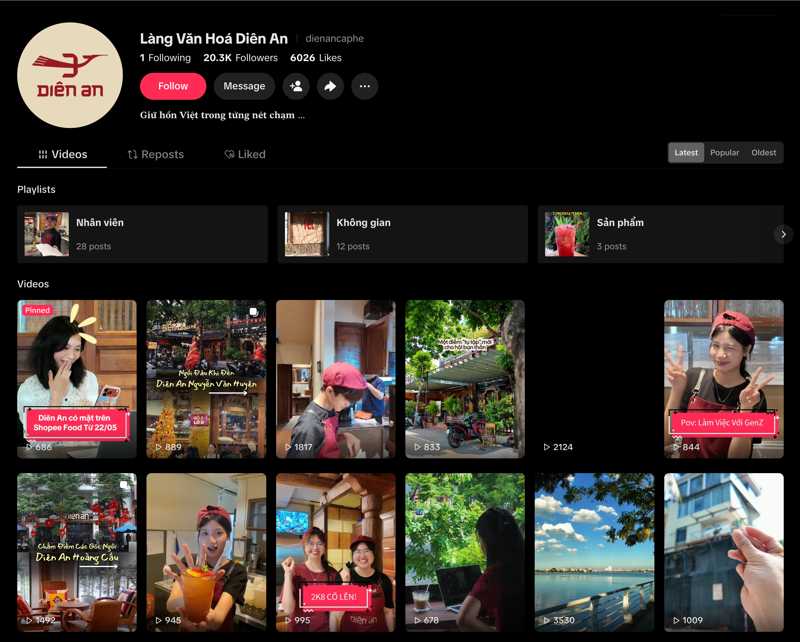 Ảnh trang TikTok Làng Văn Hoá Diên An với các video về nhân viên, không gian và sản phẩm